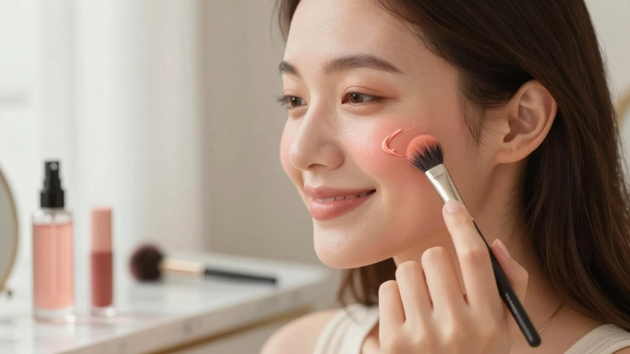 Woman blending cream blush upward on her cheeks with her fingers, glowing skin.