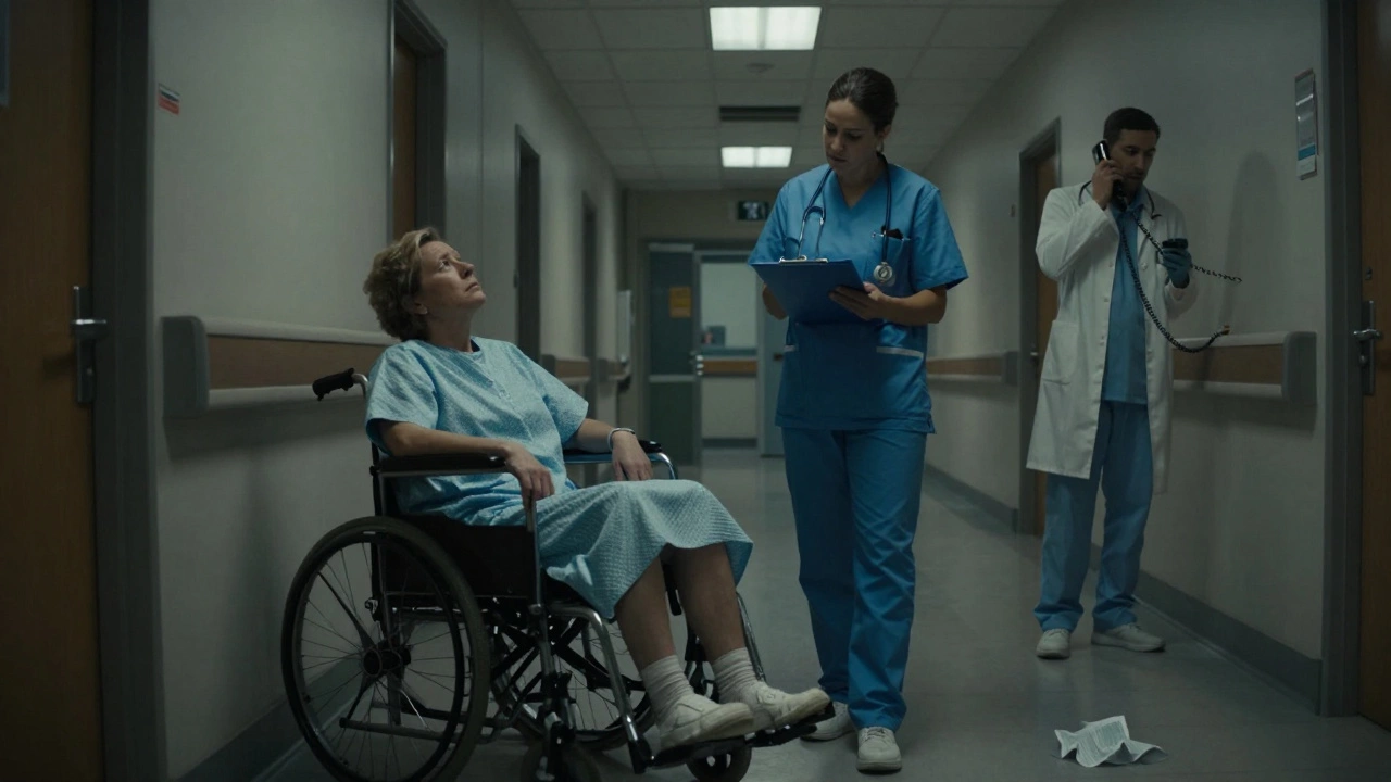 A patient being discharged from a hospital hallway while a bill lies on the floor.