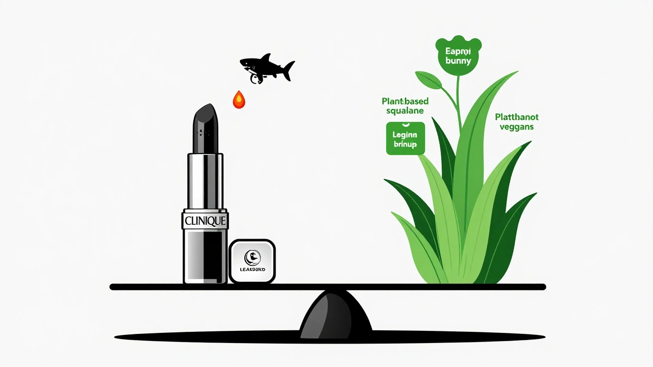 A scale balancing Clinique lipstick against a Leaping Bunny logo, with animal-derived and plant-based ingredients on either side.