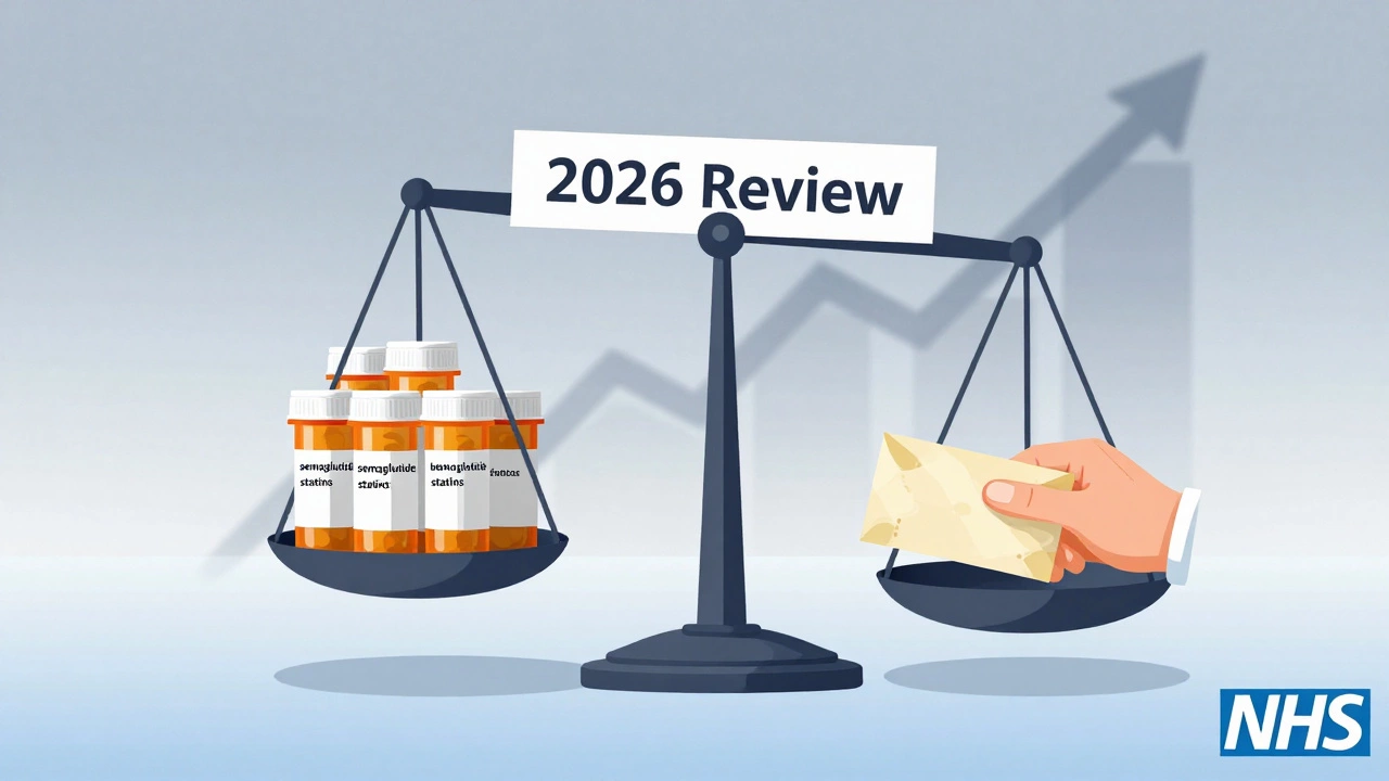 A symbolic balance scale with prescription medications on one side and an elderly person's pension on the other.