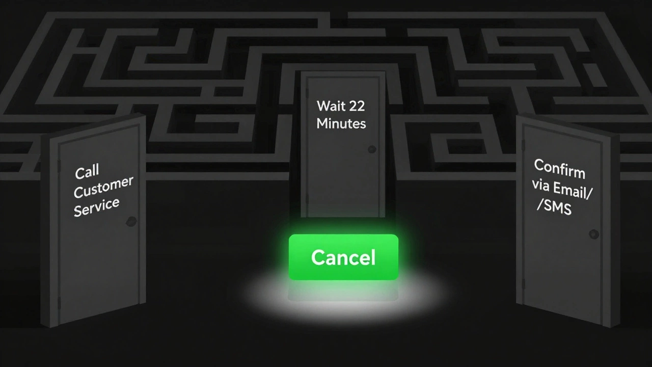 Abstract labyrinth with one glowing cancel button at the center, symbolizing easy cancellation amid complexity.