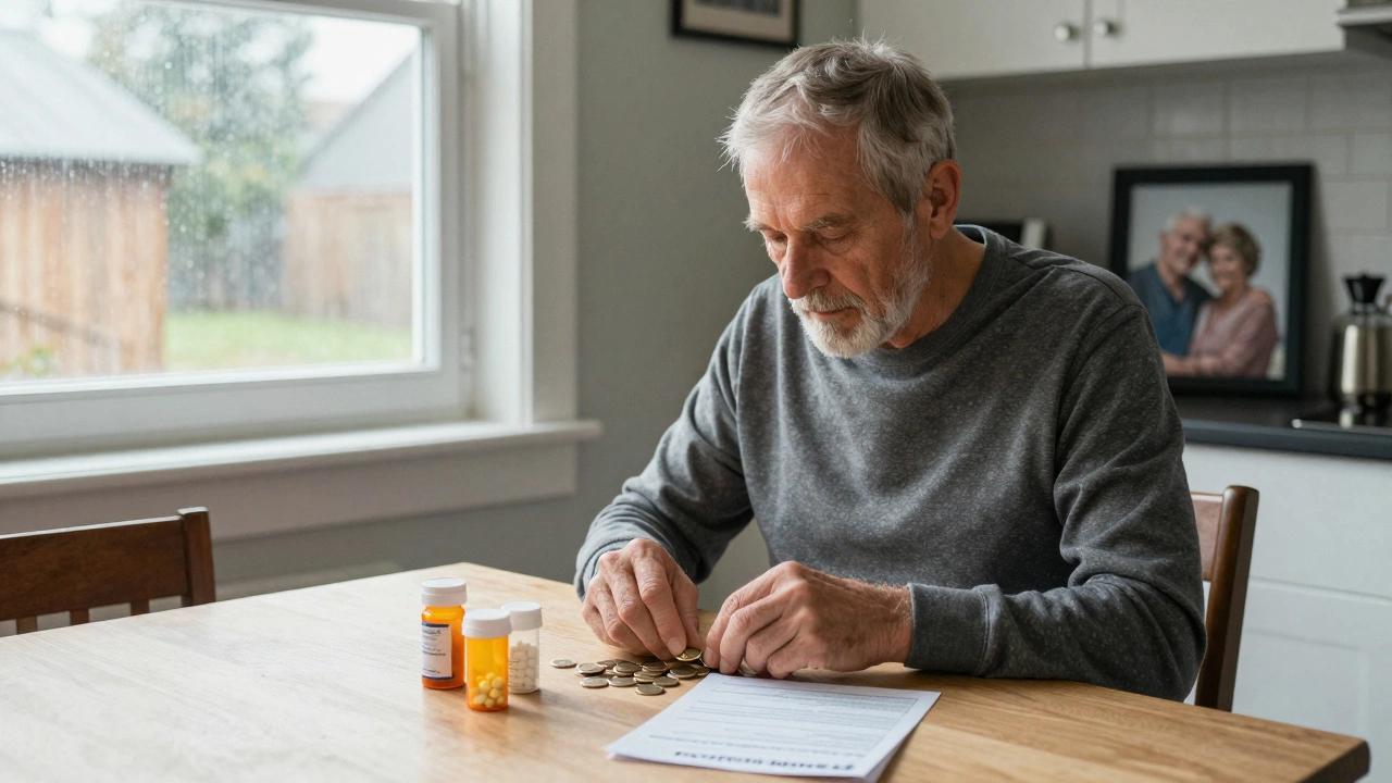 An older man counting coins beside pill bottles and a prescription prepayment form at his kitchen table.