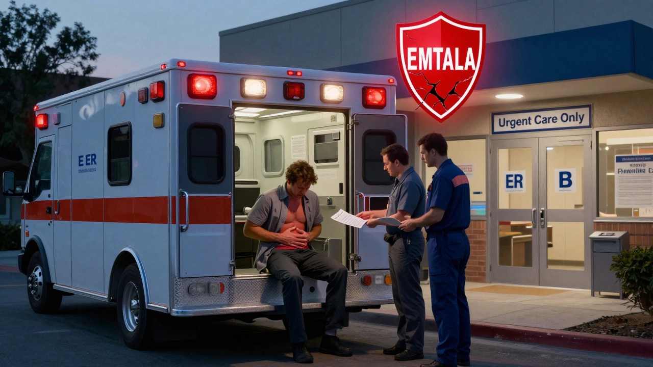 An uninsured man in an ambulance receives a bill as a 'Urgent Care Only' sign looms nearby.