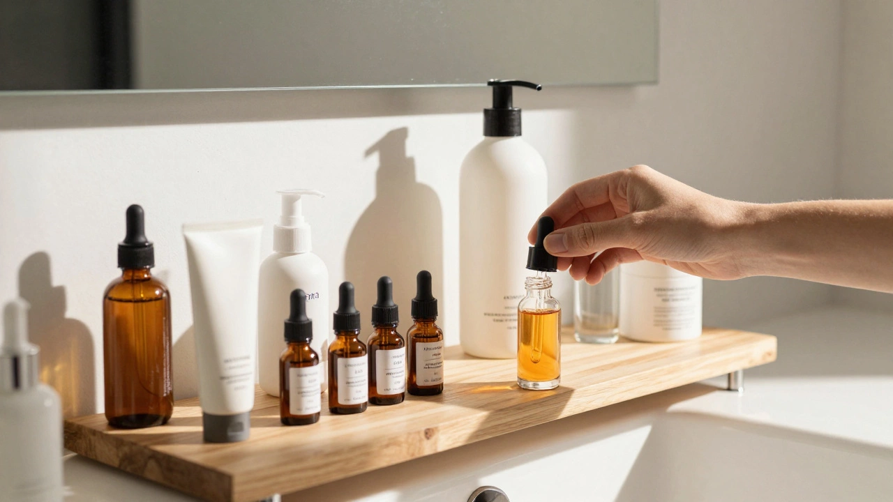Bathroom shelf with mixed skincare samples and serums