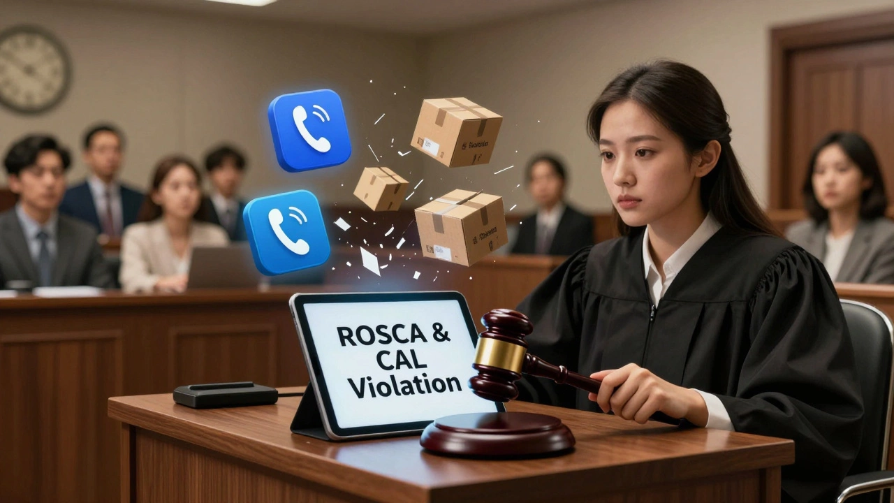 Courtroom scene with a gavel striking down on a violation notice, shattered subscription obstacles around it.