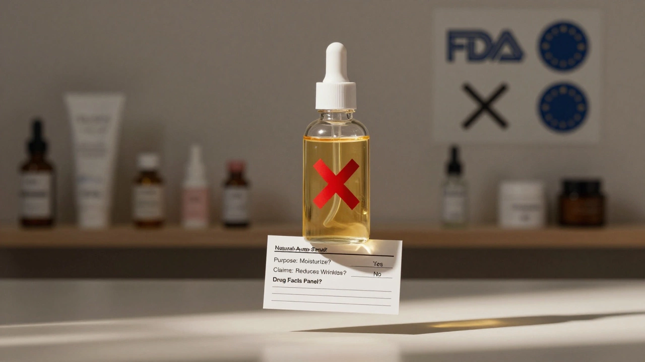 Floating transparent bottle above a regulatory checklist, with blurred cosmetics and regulatory symbols in the background.