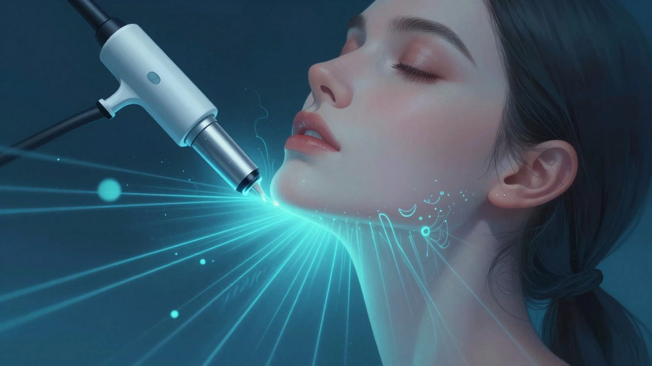HIFU treatment visualized with ultrasound waves lifting and tightening the jawline, glowing energy lines surrounding the face.