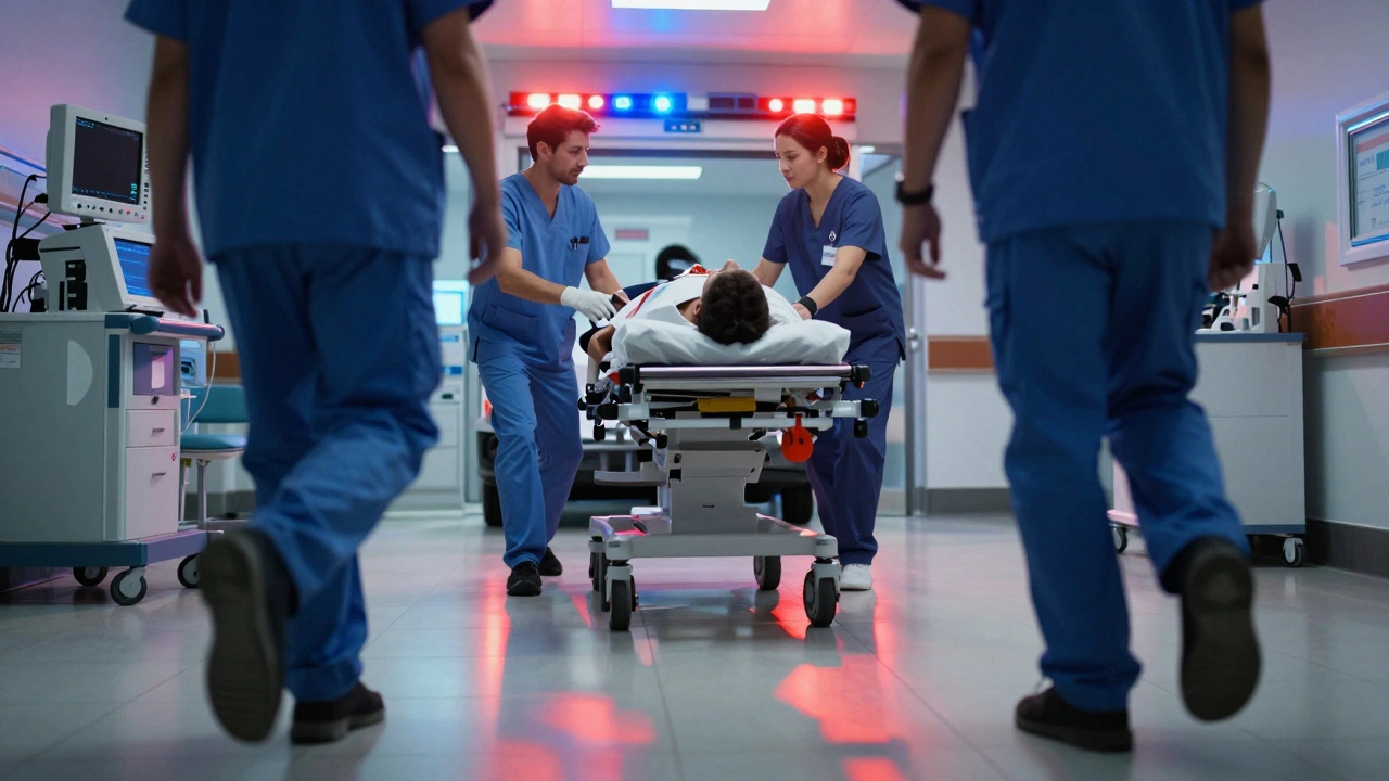 Medical staff rushing a patient on a gurney in an emergency room