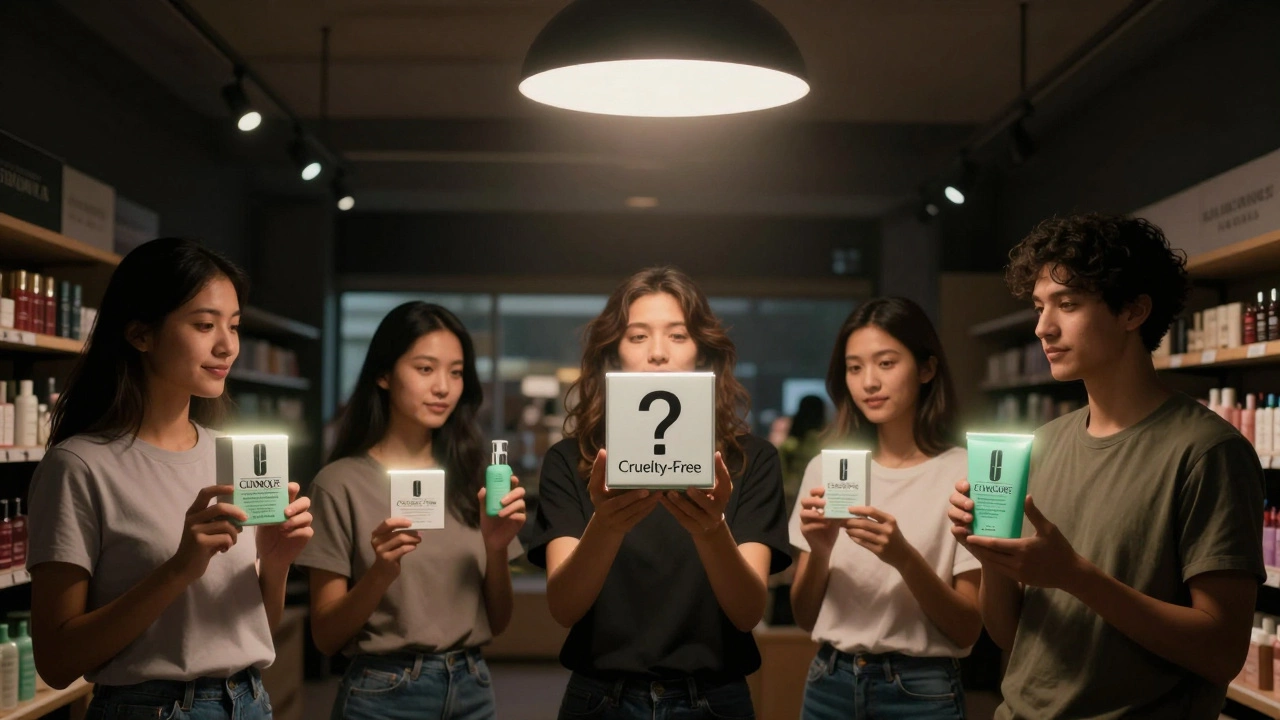 Shoppers in a marketplace holding Clinique versus certified cruelty-free makeup under dim, hopeful lighting.