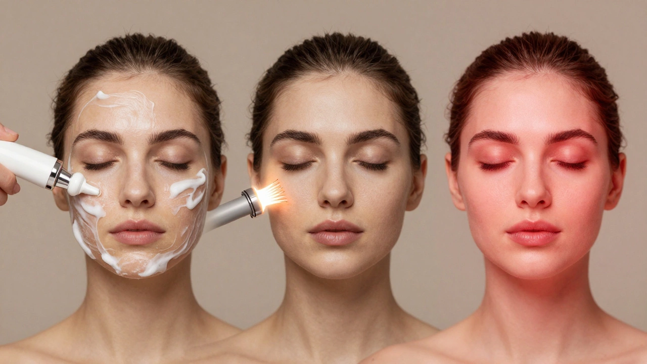 Three-step facial rejuvenation: Hydrafacial, RF microneedling, and LED light therapy working together to enhance skin radiance.