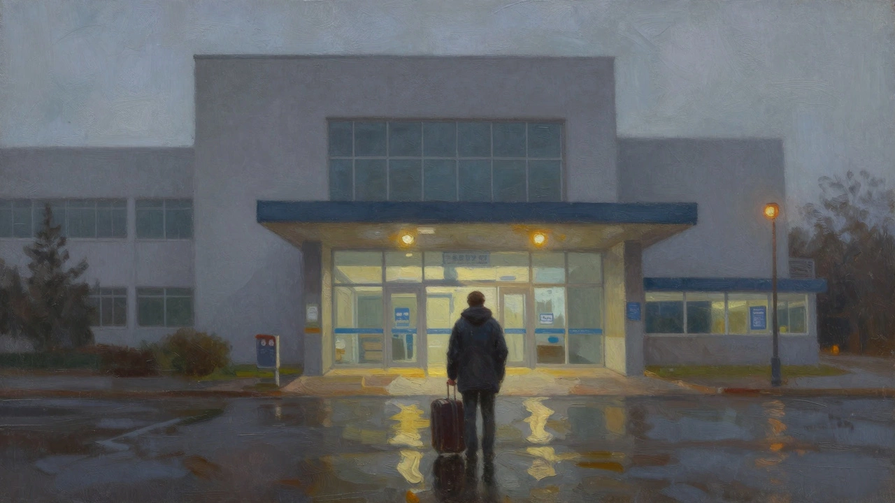 Traveler standing hesitantly outside a hospital entrance at dusk