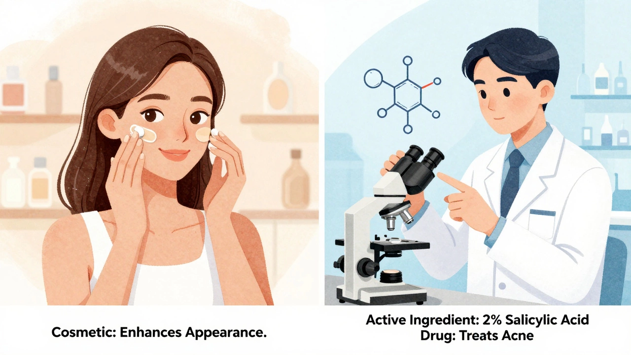Woman applying makeup beside a scientist examining the same product under a microscope, showing cosmetic vs. drug classification.