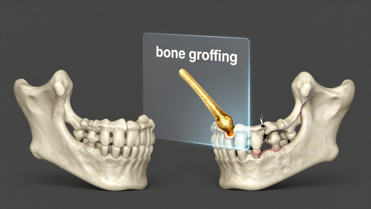 3D render comparing healthy jawbone density with bone loss and grafting.