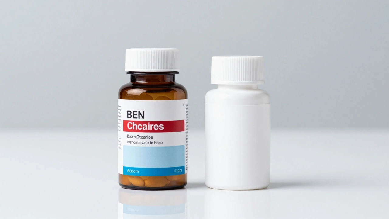A brand-name medicine bottle placed next to an identical generic version on a white surface.