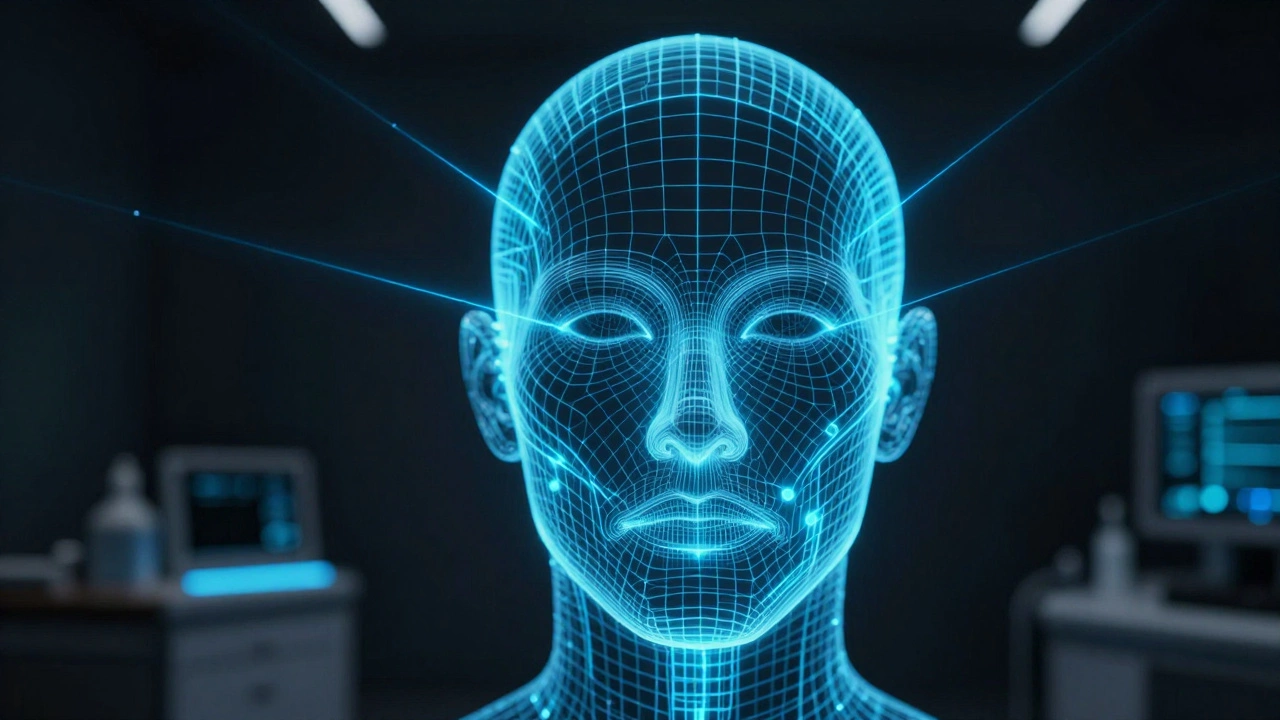 A holographic 3D facial map with blue laser lines showing precision medical planning.