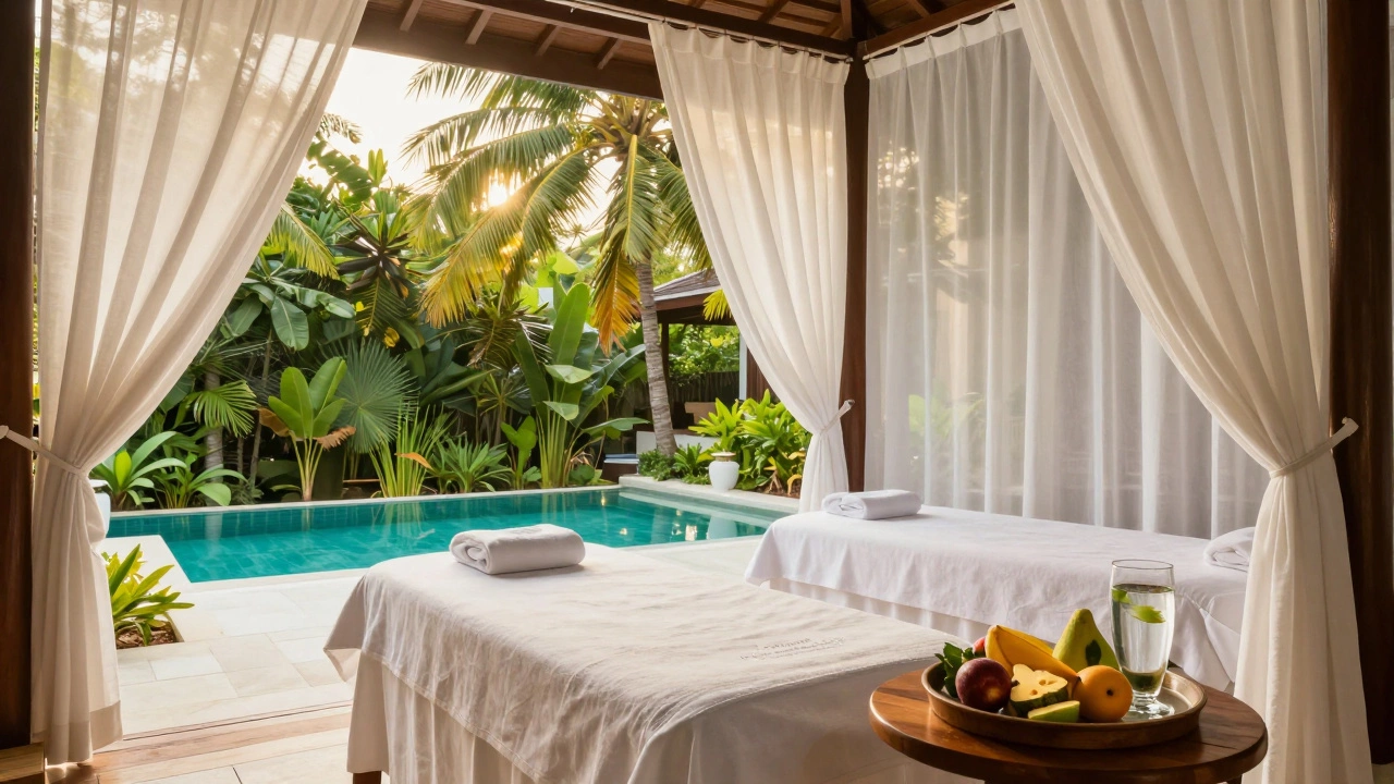 A luxury tropical recovery suite in Thailand with a view of a garden and pool.