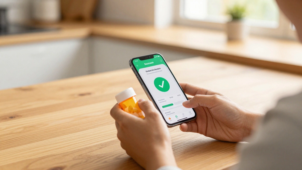 A person using a pharmacy discount app on their smartphone to find affordable medication.