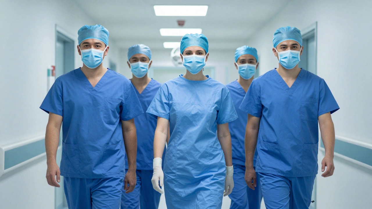 A team of surgeons in blue scrubs walking through a modern hospital corridor