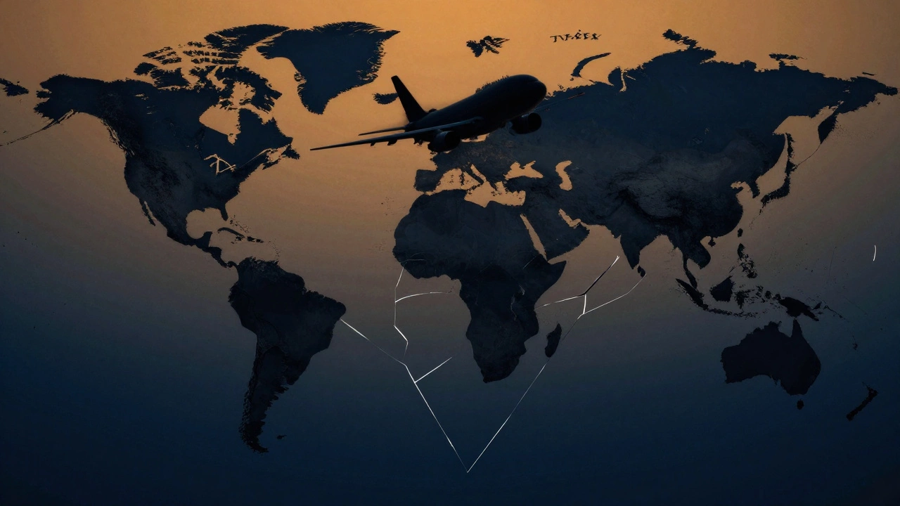 Conceptual image of a plane flying over a world map with fragmented mirror effects