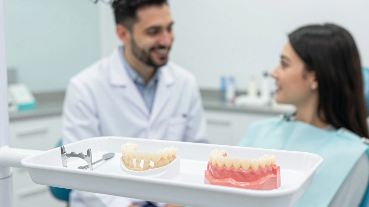 Dental bridge and partial denture on a tray in a modern dental office.