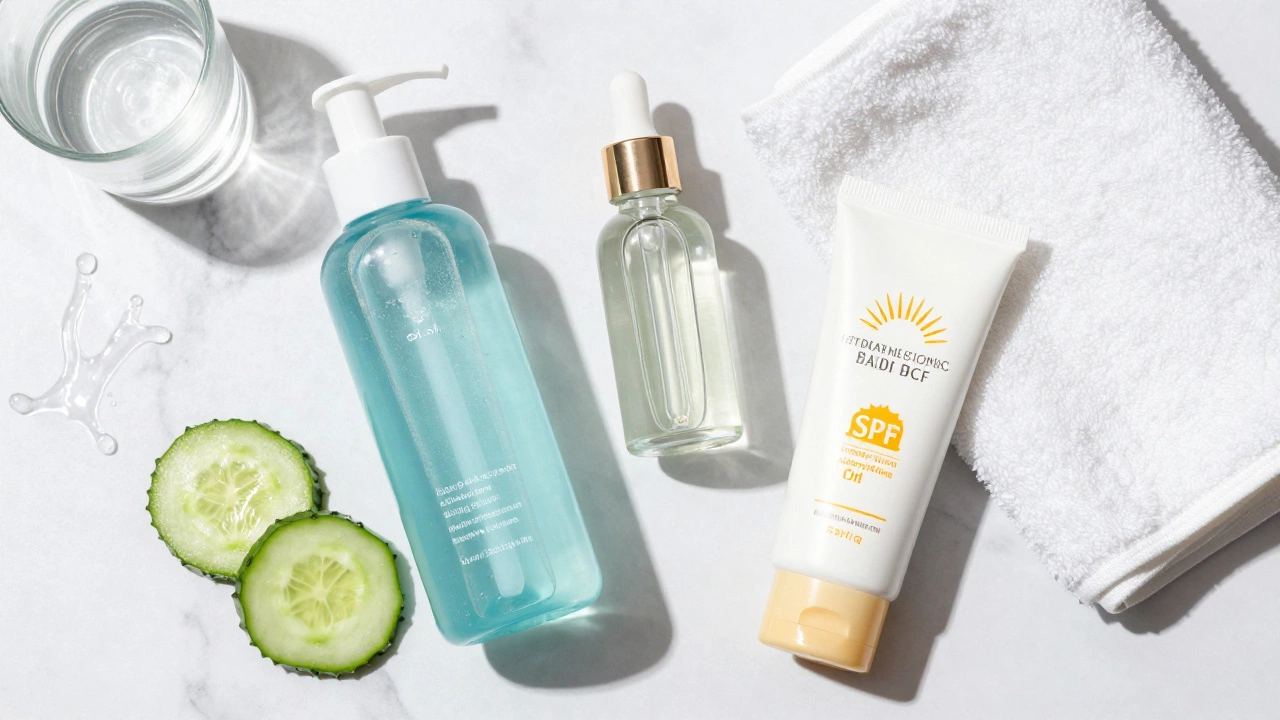 Flat lay of a simple skincare routine including cleanser, serum, and sunscreen on marble.