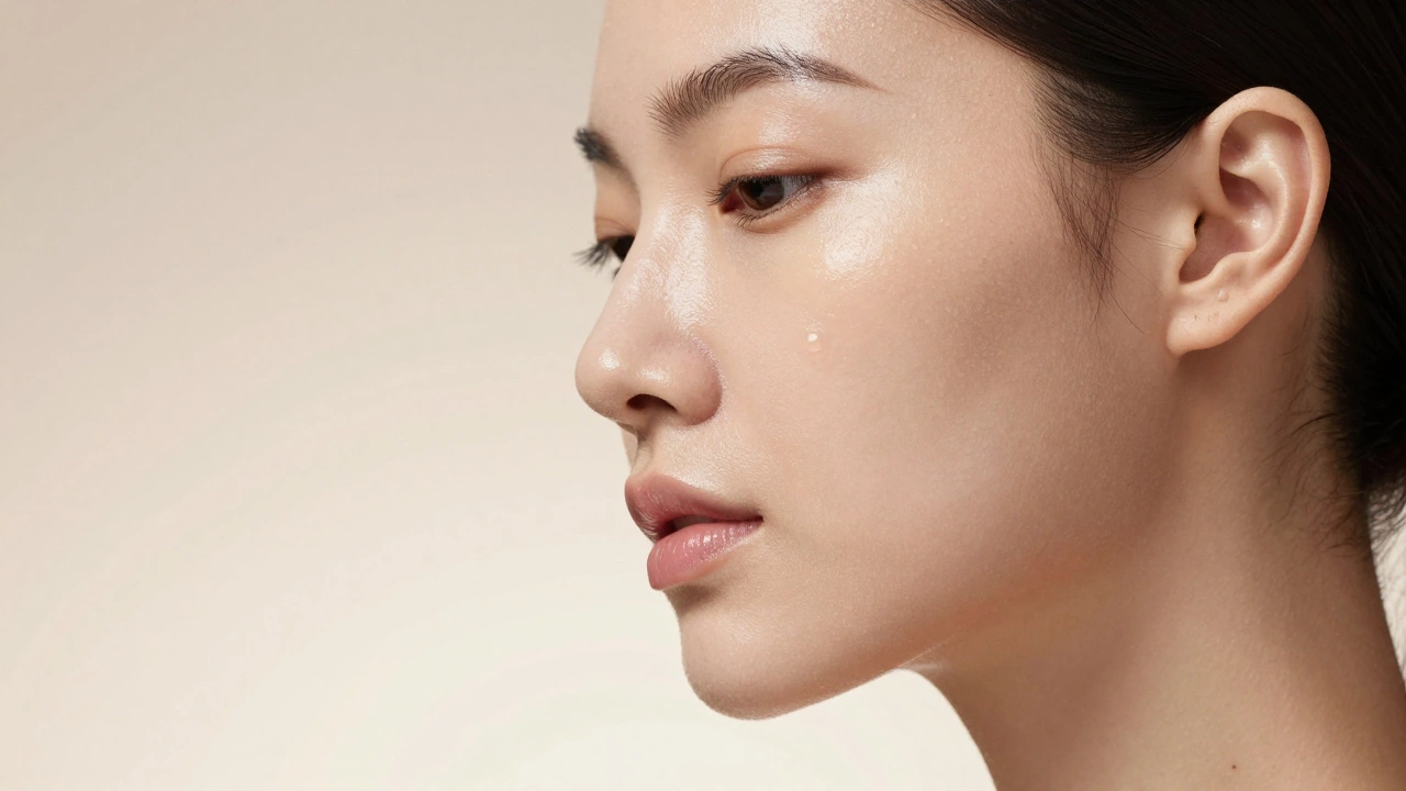 Portrait of a person with radiant, translucent glass skin and a glowing complexion.