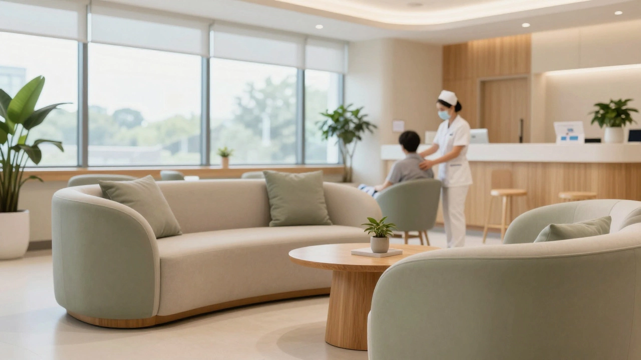 Serene and modern private recovery lounge in a specialized surgery center.