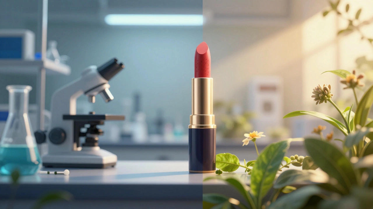 Split image contrasting a cold lab with a warm, nature-inspired beauty scene