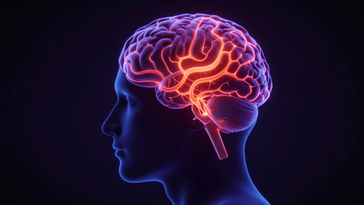 Stylized brain silhouette with a glowing red amygdala and blue shadows symbolizing depression