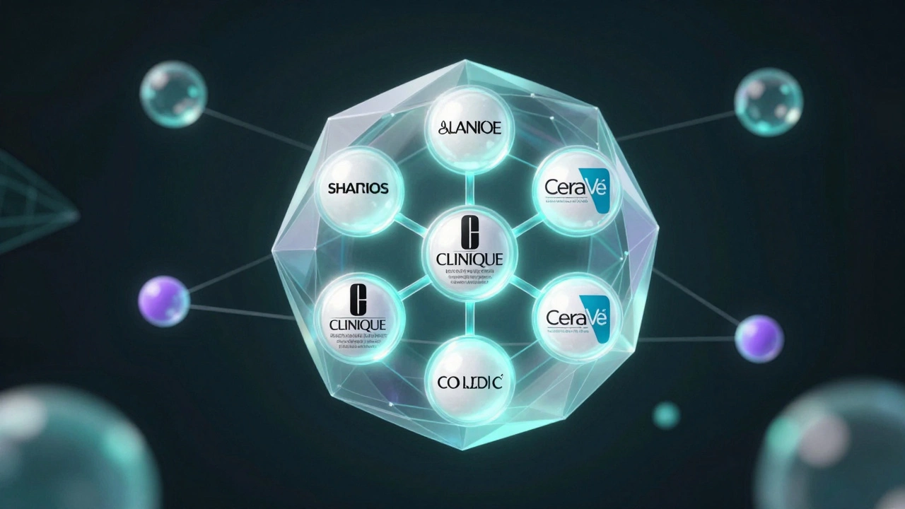 Abstract 3D graphic showing parent companies holding various skincare brands