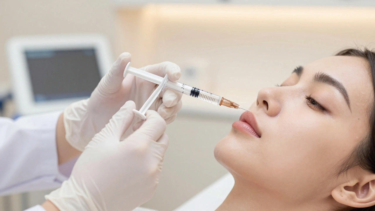 Close-up of a doctor preparing a dermal filler injection in a modern clinic setting