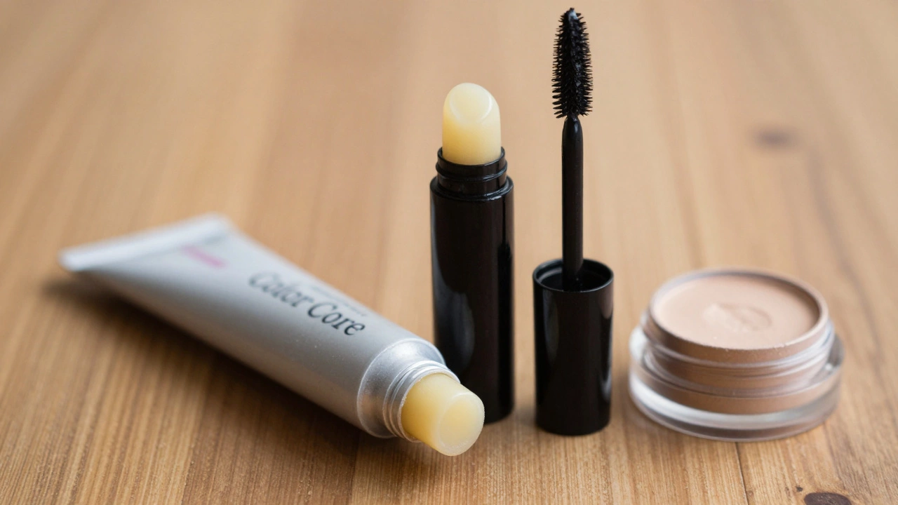 Close-up of lip balm, mascara, and concealer on a wooden surface