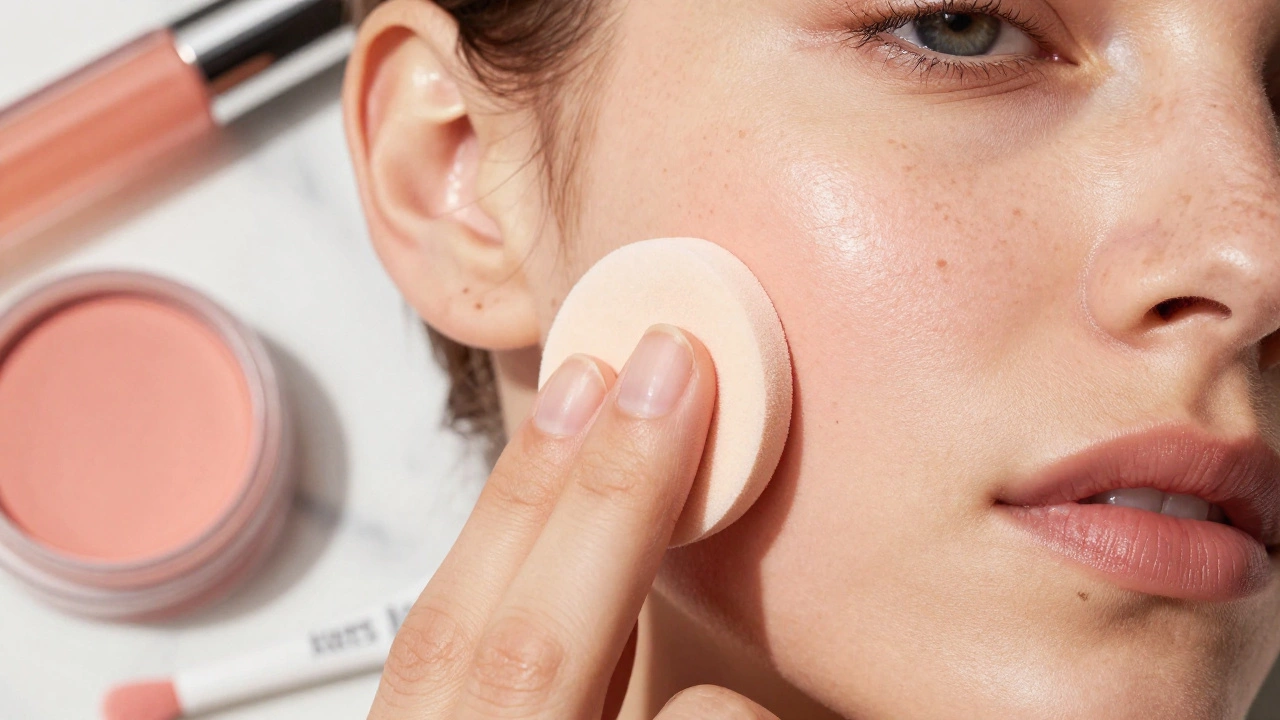 Close-up of skincare tools and cream makeup on marble