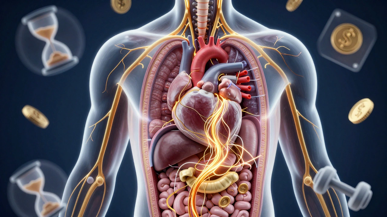 Conceptual art showing internal organs and glowing nerves during surgical healing.