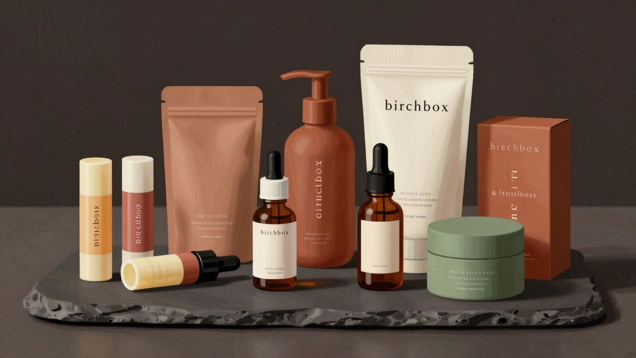 Curated niche beauty samples on slate surface for discovery