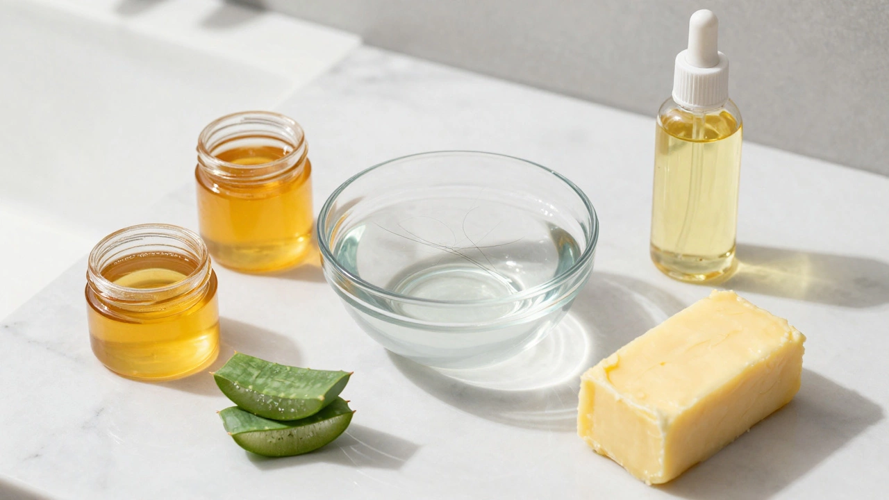 Glass of water with hair strand for porosity test surrounded by natural oils