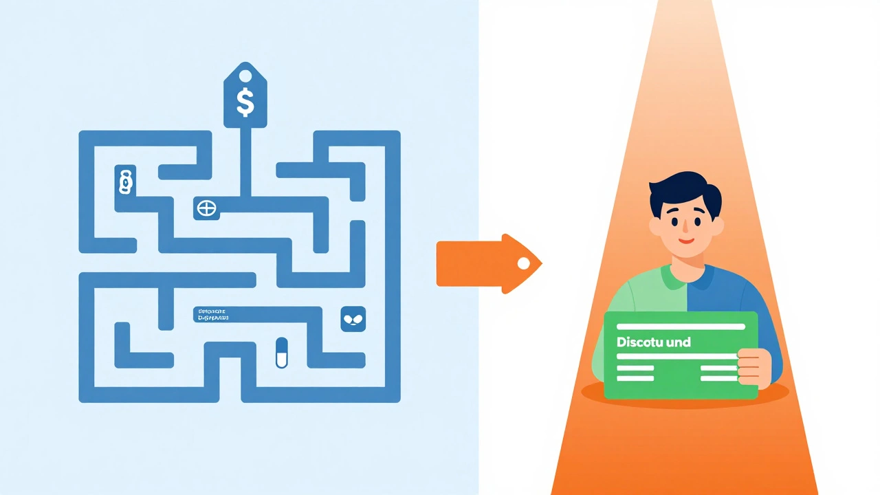 Illustration comparing complex insurance costs versus simple discount card savings