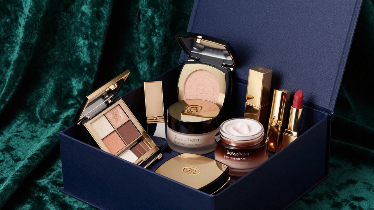 Luxury full-size makeup and skincare products in an elegant box