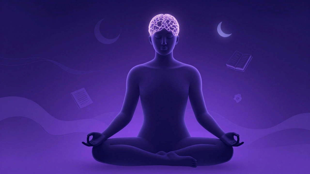 Meditative figure with glowing neural networks, symbolizing mindfulness and calm.
