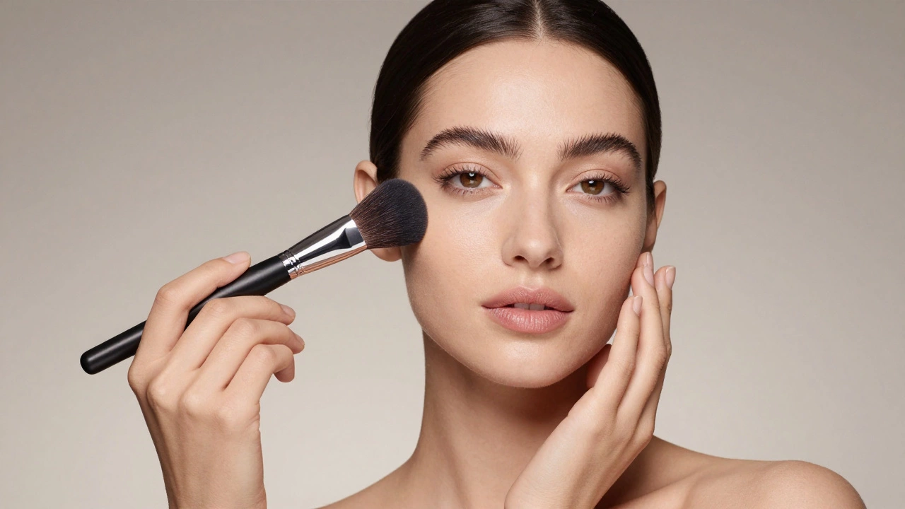 Model with flawless base applying setting powder