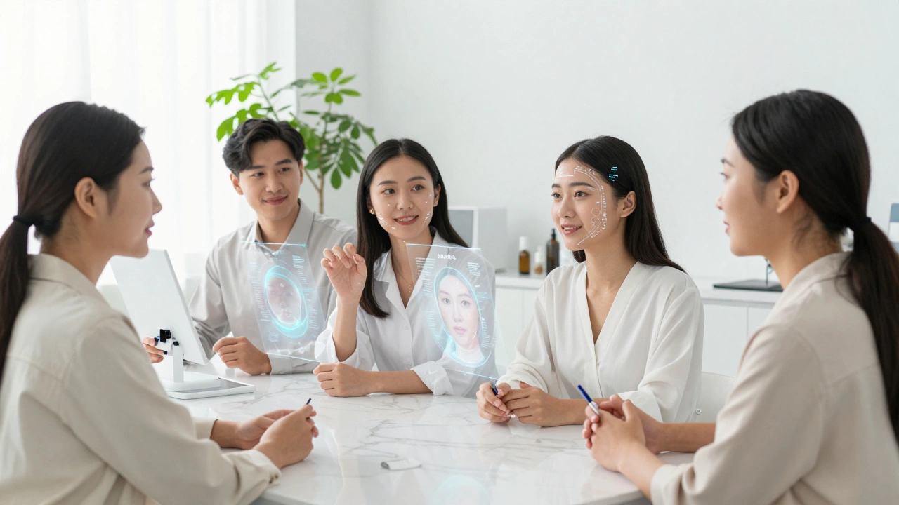 People using AR technology for personalized skincare analysis in a modern lab