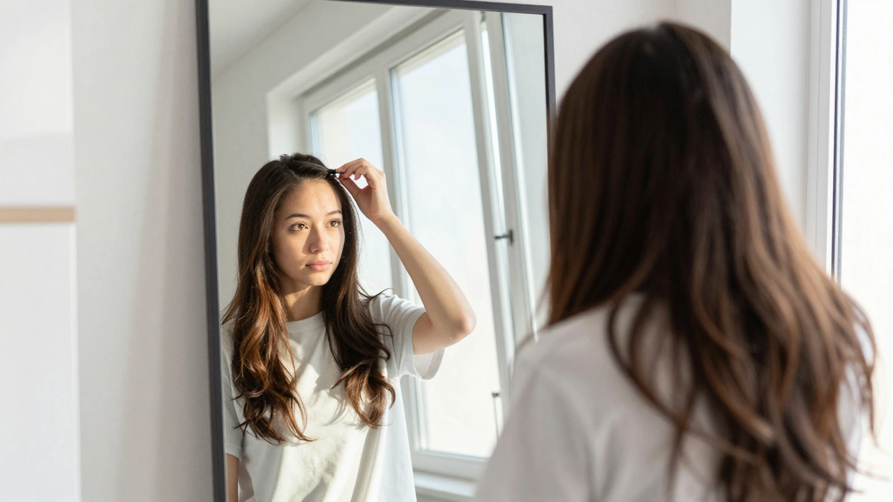 Person checking hair color match in natural sunlight by mirror