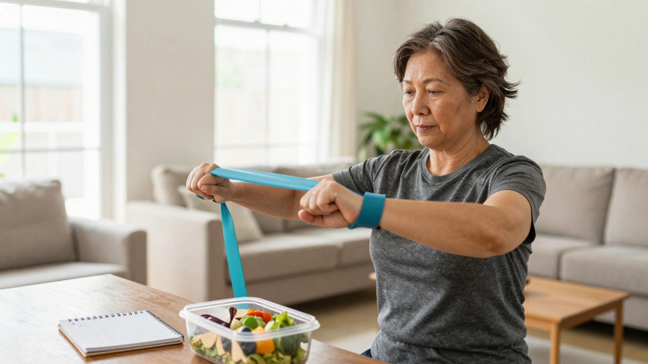 Person doing gentle physiotherapy exercises at home during rehabilitation.