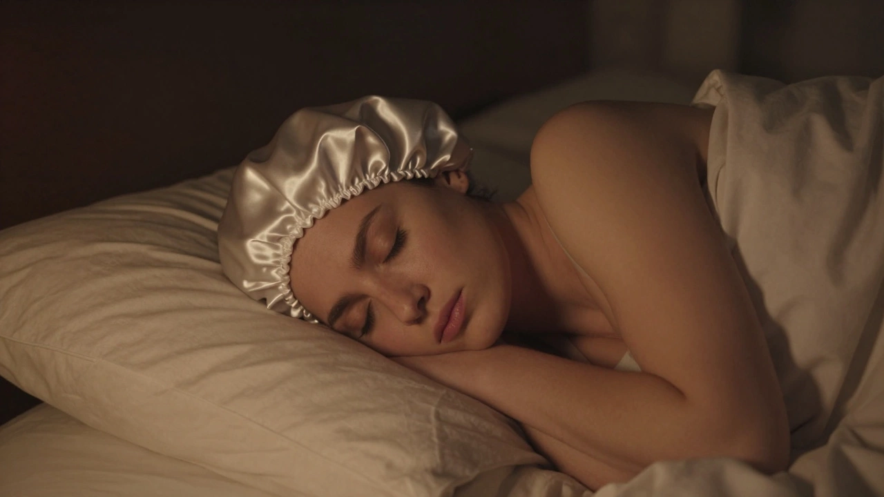 Person sleeping with hair wrapped in satin bonnet for moisture retention