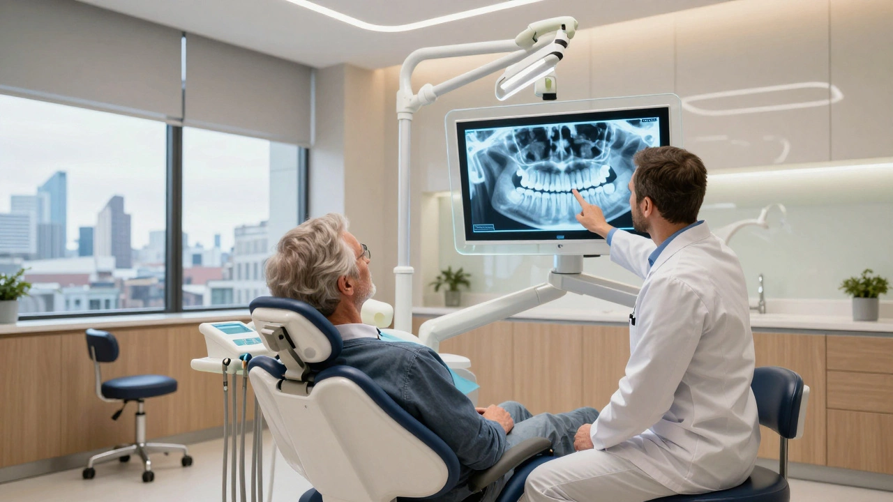 Senior patient consulting dentist with 3D jaw scan in clinic
