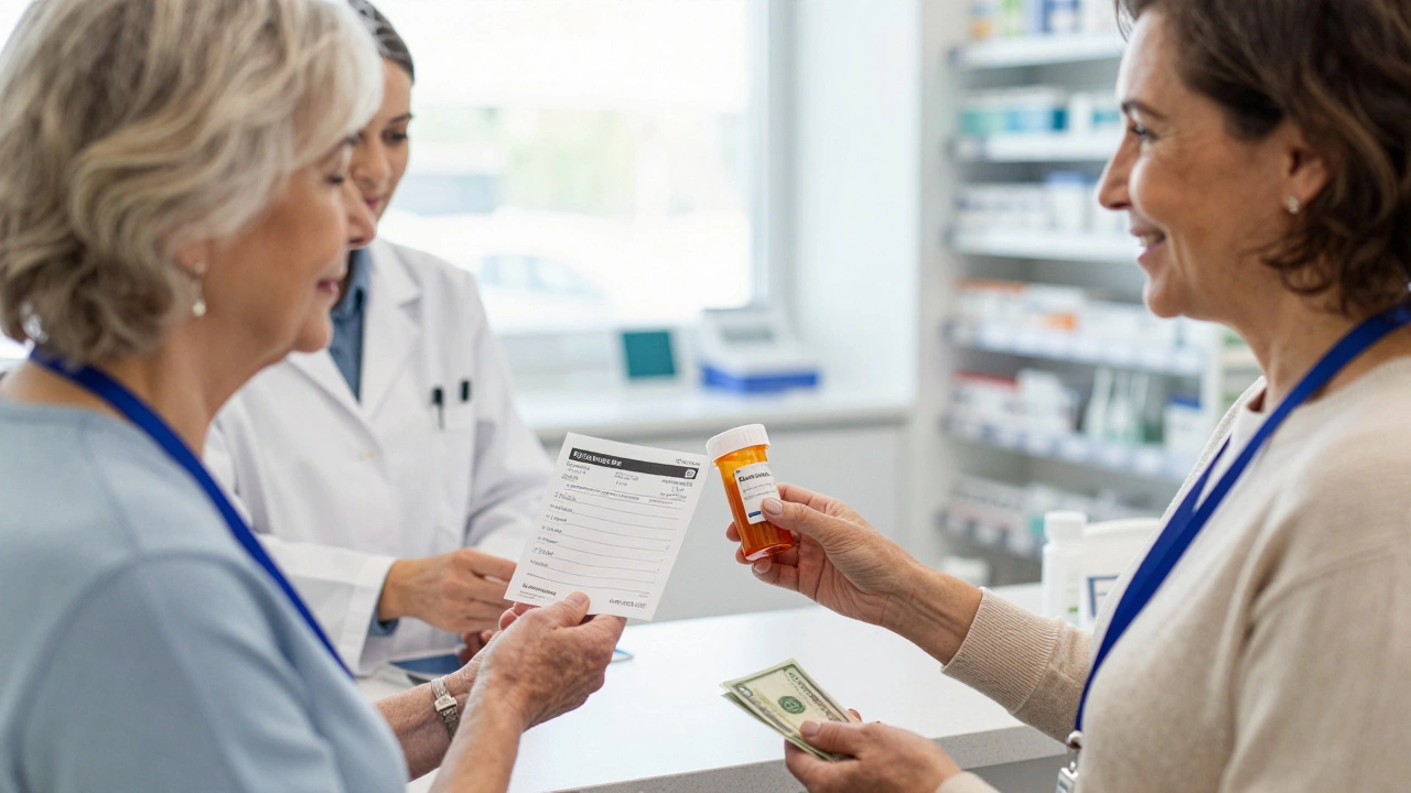 Senior woman paying cash with a discount coupon for medication at a pharmacy