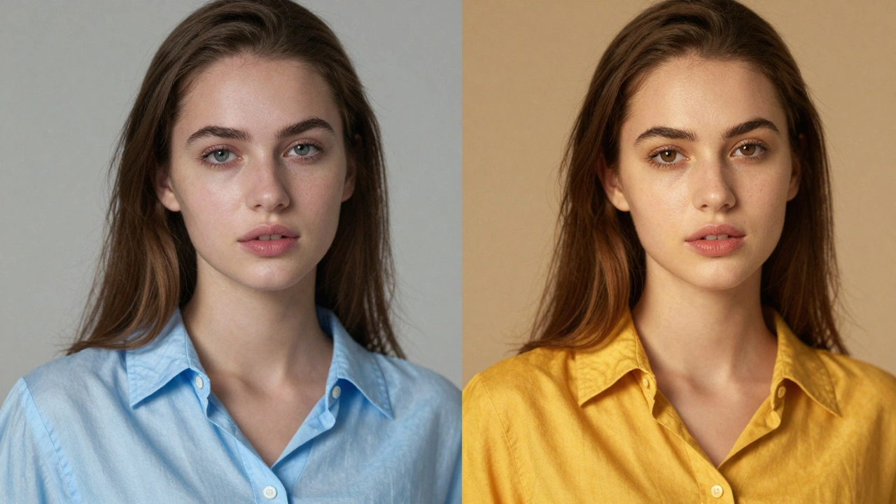 Split image showing aging vs youthful colors on warm skin