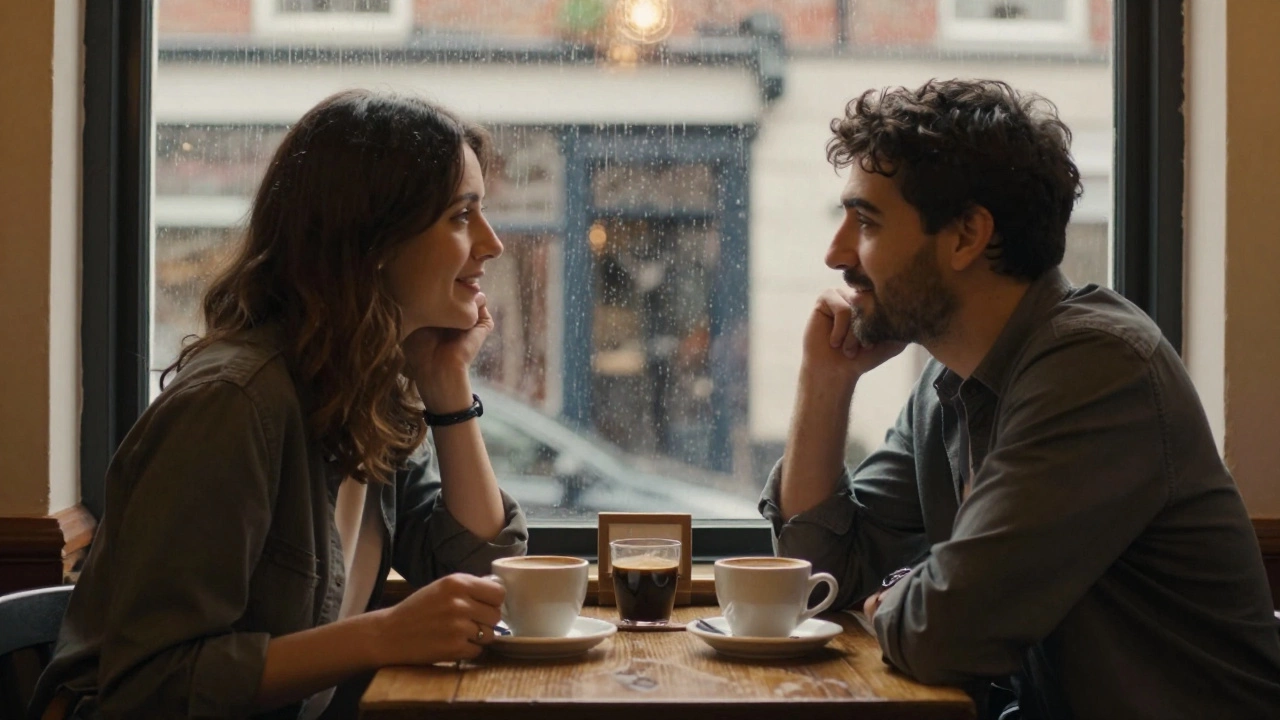 Two friends talking warmly over coffee in a cozy cafe, showing social connection.