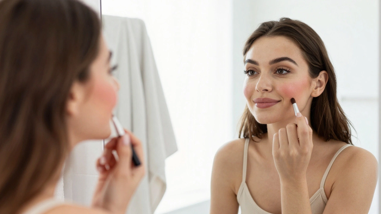 Woman admiring subtle, natural makeup in a bright mirror