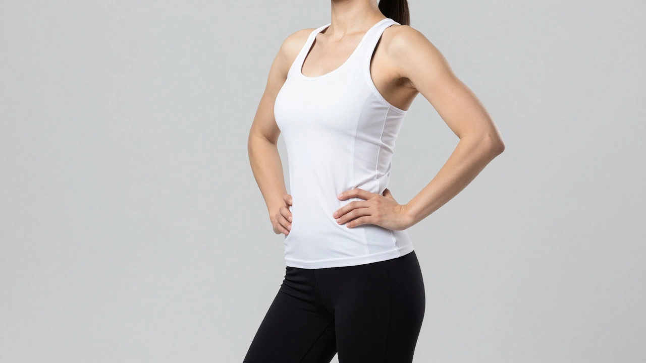 Woman displaying balanced, proportional body silhouette in neutral clothing
